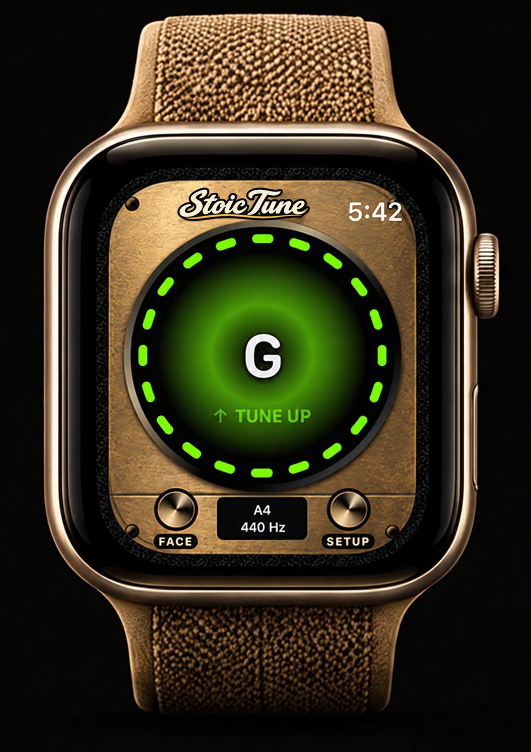 Stoic Tune on Apple Watch with an active green strobe tuning display
